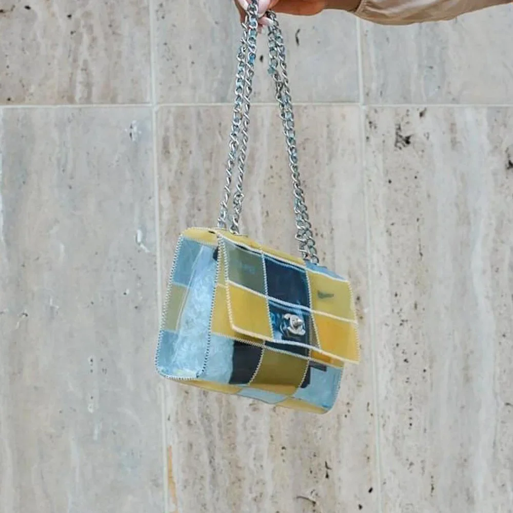 Rare Vintage CHANEL Blue and Beige PVC Stitched Patchwork CC Logo Should…